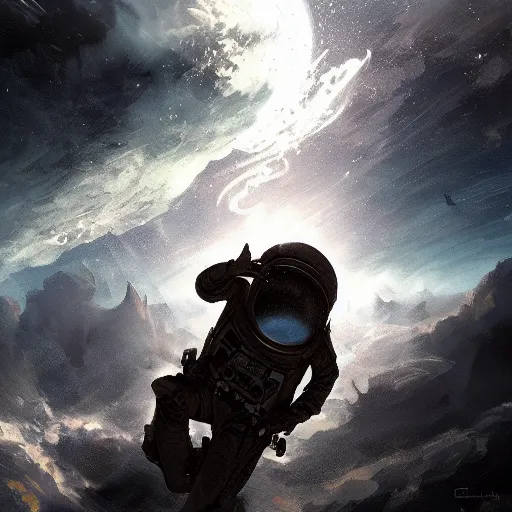 Image similar to dead astronaut falling through the clouds in jupiter, by cedric peyravernay, highly detailed, excellent composition, cinematic concept art, dramatic lighting, trending on artstation