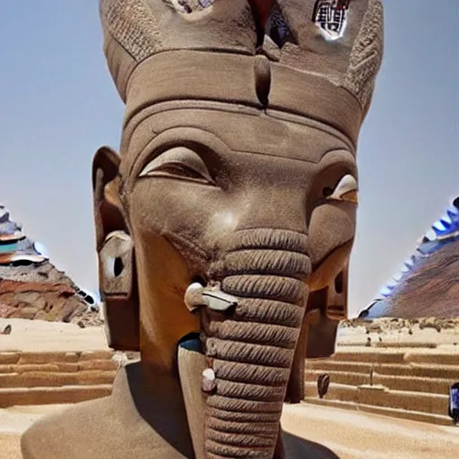Image similar to the annunaki have returned to egypt with egyptian pharaoh head - dresses and breathing hoses that look like elephant trunks - alien - looking, futuristic, detailed, photo - realism