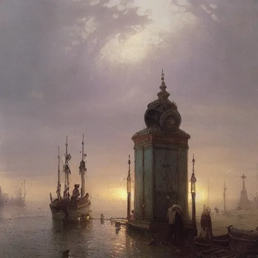 Image similar to detailed painting of a living capsule architecture, filigree ornaments, fog, andreas achenbach