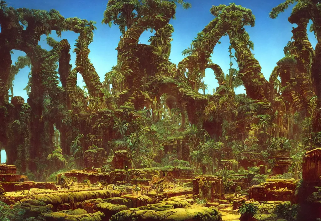 Prompt: a tropical alien world, ancient ruins, by roger dean, good lighting, david a. hardy, syd dutton, albert bierstadt