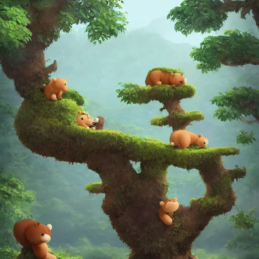 Image similar to A baby bear on top of a trunk that navigates the river of a jungle, art by Goro Fujita, ilustration, concept art, sharp focus, ArtStation, Deviantart