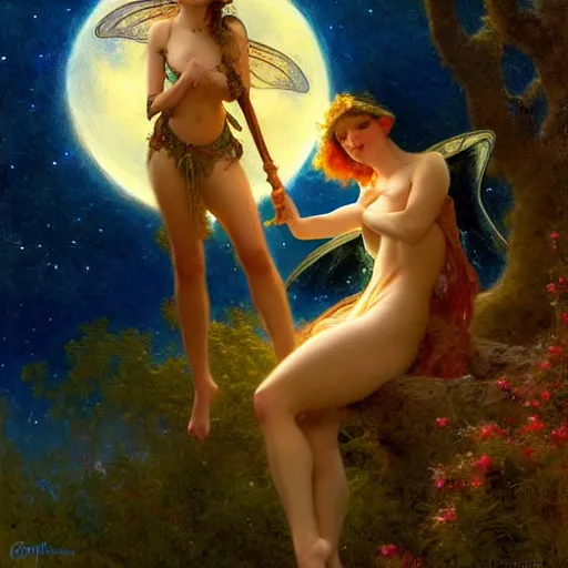 Image similar to attractive fairy magically floating high in the night, fantasy, full moon in background. highly detailed painting by gaston bussiere, craig mullins, j. c. leyendecker, sharp focus, 8 k