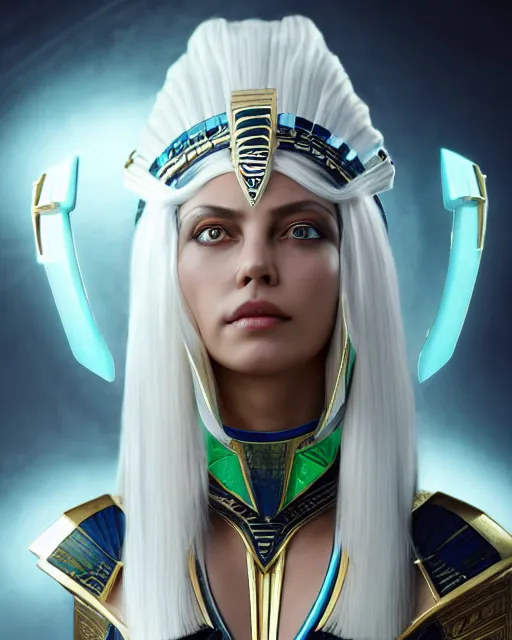 Image similar to perfect white haired attractive egyptian goddess, warframe armor, pharaoh headdress, beautiful, symmetric, dreamy, half asian, pretty face, green eyes, charlize theron, detailed, scifi platform, laboratory, experiment, 4 k, ultra realistic, epic lighting, android body, illuminated, cinematic, masterpiece, art by akihito tsukushi, voidstar