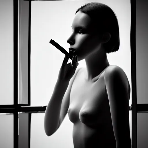 Prompt: black and white fashion photography of highly detailed beautiful depressed Woman with beautiful face, beautiful eyes and beautiful lips in the heroine chique style standing by the window and smoking a cigarette with beautiful hand Rendered in Blender and Octane Render volumetric natural light