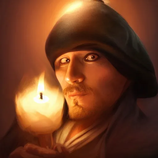 Image similar to a male pirate wearing a black sleeping cap with a puffball, holding a candle, wearing a flowing cape, portrait, d & d, science fiction, concept art, matte, sharp focus, illustration, concept art, jason chan, dan luvisi, karl thiart, uhd, 4 k, very detailed