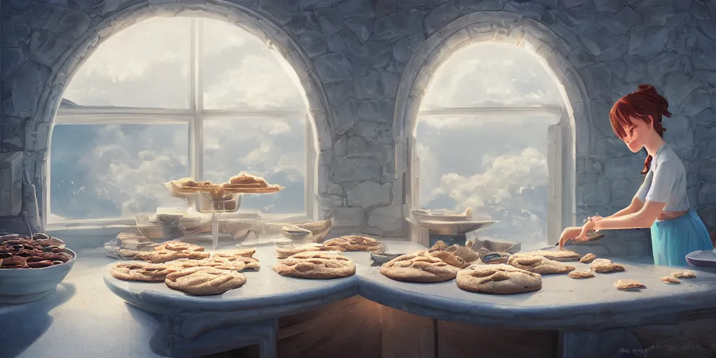 Prompt: beautiful digital illustration of a mom baking cookies by andreas rocha, curvilinear architecture, fluffy pastel clouds, cinematic, architecture, concept art, deviantart, artsation, artstation hq, hd, 1 6 k resolution, smooth, sharp detail, amazing depth, octane, finalrender, unreal engine