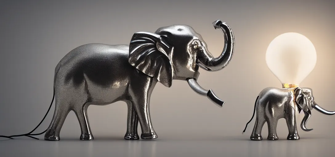 Prompt: a wide shot of transparent silver handcrafted elephant, electric lights inside the elephant, jewelry lighting, studio lighting, dark background, photorealistic, octane render, unreal engine