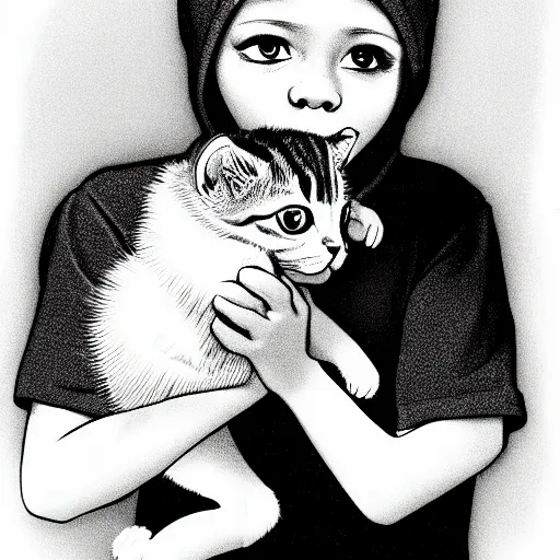 Image similar to storybook illustration of a rapper in 1 9 9 0 new york holding a kitten up to the camera, storybook illustration, monochromatic