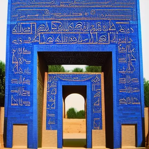 Prompt: A portal to a luminous dimension, the portal is shaped like the Ishtar Gate, Ishtar Gate, mesopotamic, fantasy, magic portal, art by James Gurney, James Gurney, 8K