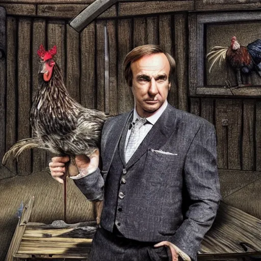 Image similar to saul goodman and a rooster in a medieval torture chamber, saw blades and knives in the background, horror movie, saul goodman, rooster, real life photo, detailed face