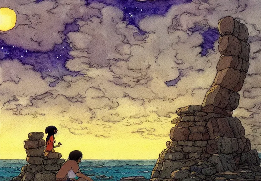 Prompt: a simple watercolor studio ghibli movie still fantasy concept art of a giant native american man sitting on a tiny stonehenge in the ocean. it is a misty starry night. by rebecca guay, michael kaluta, charles vess