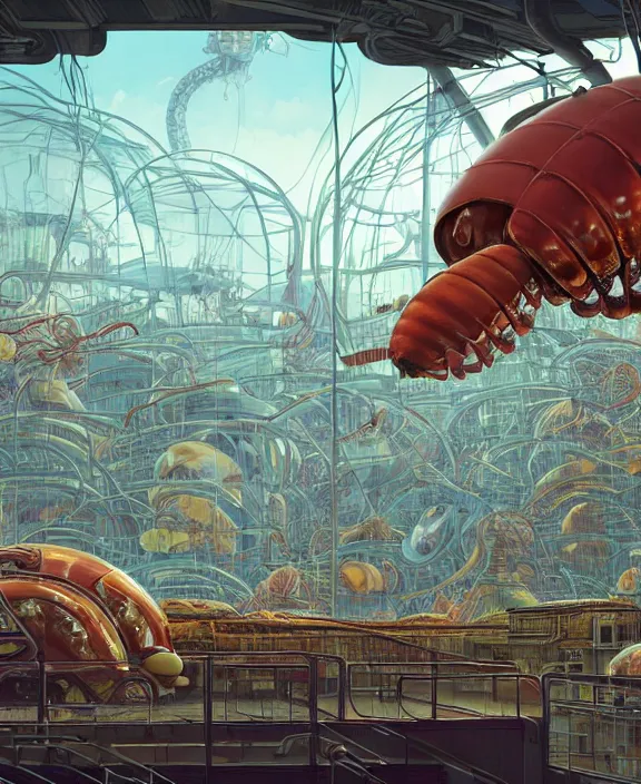 Prompt: inflated industrial plant made from isopod lobster octopus, in the style of spaceship, overgrown with orchids, partly cloudy, somber, dramatic lighting, by geof darrow, bill sienkiewicz, dan mumford, yusuke murata, makoto shinkai, ross tran, cinematic, unreal engine, cel shaded, featured on artstation, pixiv