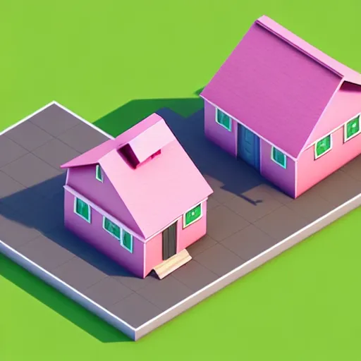 Prompt: isometric village house, 3 d icon for mobile game, blender 3 d, pink scheme, octane render, 8 k resolution