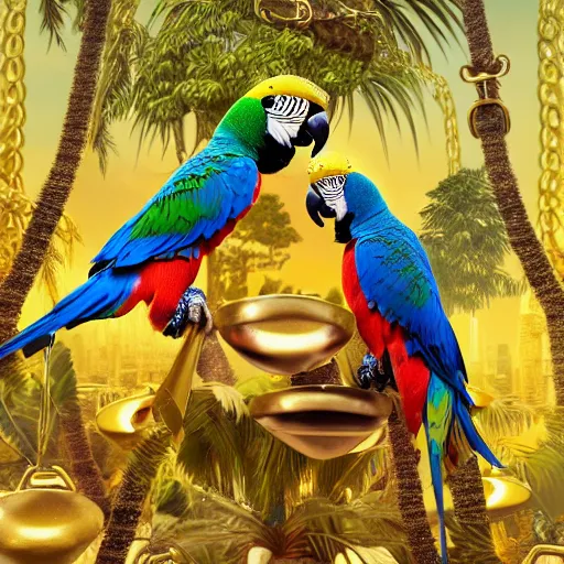 Prompt: parrots dressed in golden rings, necklaces and with caps on head, rapping and sitting on golden trees, rap scene, jungle concept art, trending on artstation, highly detailed, digital art, 8 k