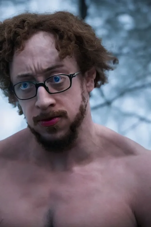 Image similar to A still of Sam Hyde in the Black Panther, close-up, sigma male, rule of thirds, award winning photo, unreal engine, studio lighting, highly detailed features, raining, ethereal lighting