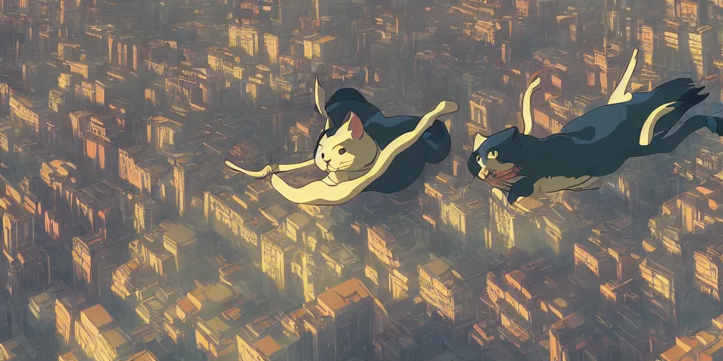 Image similar to a beautiful scene of a cat flying through the air over a sprawling city, concept art, studio ghibli, style of makoto shinkai and alphonse mucha, 4 k wallpaper