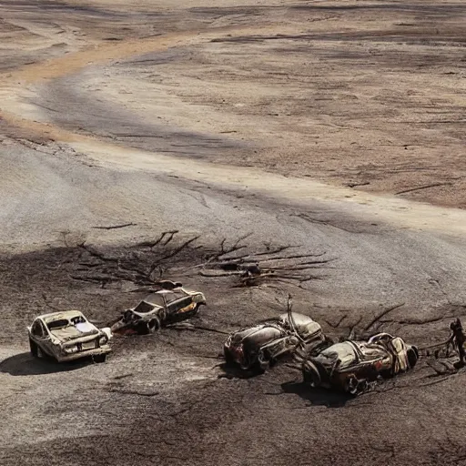 Image similar to city, dried up river, fire, boats in mad max fury road style, riding on the dried up river