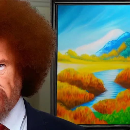 Prompt: angry bob ross shouting at a painting, real photo, dslr photo, 4 k, intricate.