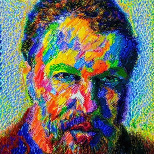 Prompt: oil on canvas, vivid colors, portrait of a man, impressionistic, rough paint, pointillism