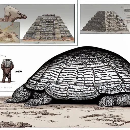 Image similar to gigantic colossal tortoise in the desert built around and into pyramid ziggurat highly detailed concept art schematic, Laurie Greasley