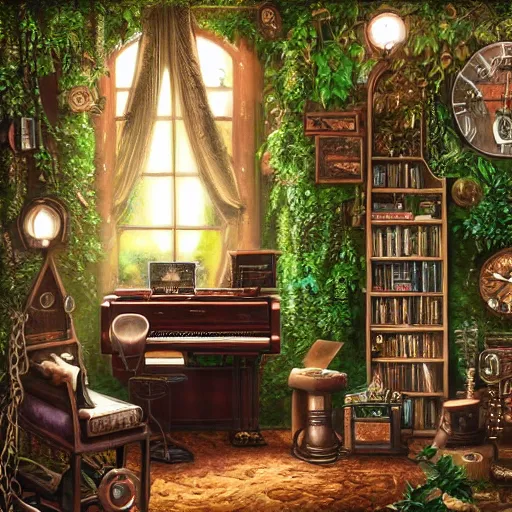 Image similar to very tidy steampunk home office overseeing a magical portal, lush plants, piano, guitar, synthesizer, beautifully lit, very detailed painting, hyperrealism, trending on artstation