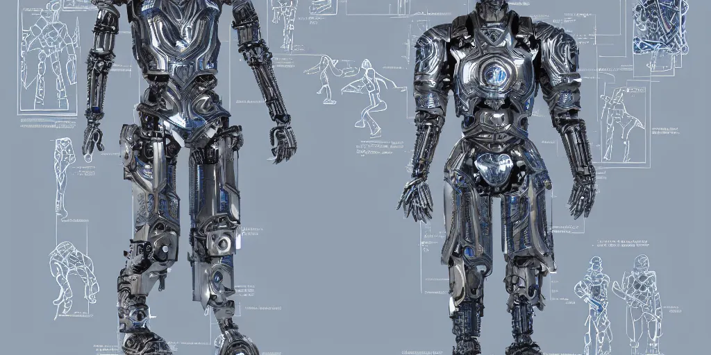 Image similar to a futuristic male humanoid robot, heavily armed, ornate armor, using a schematic blue print as a guide, photo realistic, dark fantasy, 4 k, full body