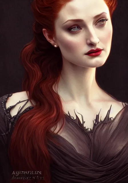 Image similar to sansa angeline jolie gessica chastain victorian vampire, intricate, elegant, highly detailed, digital painting, artstation, concept art, smooth, sharp focus, illustration, art by artgerm and greg rutkowski and alphonse mucha and william - adolphe bouguereau