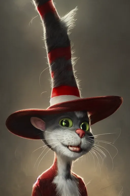 Prompt: complex 3 d render, hyper detailed, ultra sharp, of the cat in the hat, scary, cinematic, natural soft light, rim light, art by greg rutkowski and artgerm and alphone muchs, dr seuss