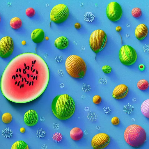 Image similar to tiny watermelon, floating, rbc, radiolaria, protophyta, micro - organisms, center frame, symmetric, rim light, marine microbiology, bioluminescence, electric, soft, concept art, intricate details, highly detailed, colorful, photorealistic, disney pixar, octane render, iridescent, anime, 8 k