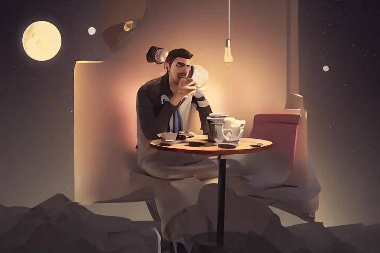 Prompt: portrait of a ( ( ( grande y rosa una taza de cafe ) ) ), ( ( dotado futuristic guapo y joven espanol alegre ) ), tomande cafe, lleno de estrellas y magia, 3 d photorealistic, concept character, by filip hodas, trending on artstation