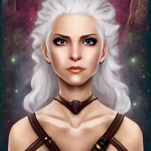 Prompt: fantasy portrait of a female human adventurer with white skin, white hair, white eyes without pupils, slightly - pointed ears, short wavy hair, eyebrow scar, trending on artstation, gentle smile, friendly, warm and welcoming, geode cave background