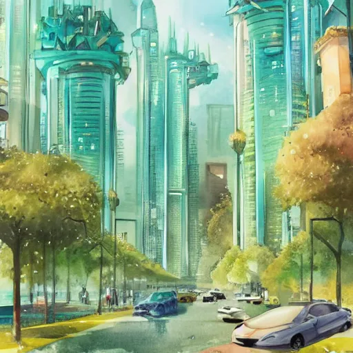 Image similar to Beautiful happy futuristic city in harmony with nature. Nice colour scheme, soft warm colour. Beautiful detailed watercolor by Lurid. (2022)