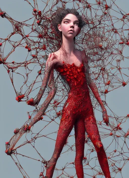 Prompt: hyper detailed 3d render like a Oil painting - very coherent Concrete profile (a beautiful fae princess protective playful expressive acrobatic from dark crystal that looks like Anya Taylor-Joy) seen red carpet photoshoot in UVIVF posing in scaly dress to Eat of the Strangling network of yellowcake aerochrome and milky Fruit and His delicate Hands hold of gossamer polyp blossoms bring iridescent fungal flowers whose spores black the foolish stars by Jacek Yerka, Ilya Kuvshinov, Mariusz Lewandowski, Houdini algorithmic generative render, golen ratio, Abstract brush strokes, Masterpiece, Victor Nizovtsev and James Gilleard, Zdzislaw Beksinski, Tom Whalen, Mark Ryden, Wolfgang Lettl, hints of Yayoi Kasuma and Dr. Seuss, Grant Wood, octane render, 8k