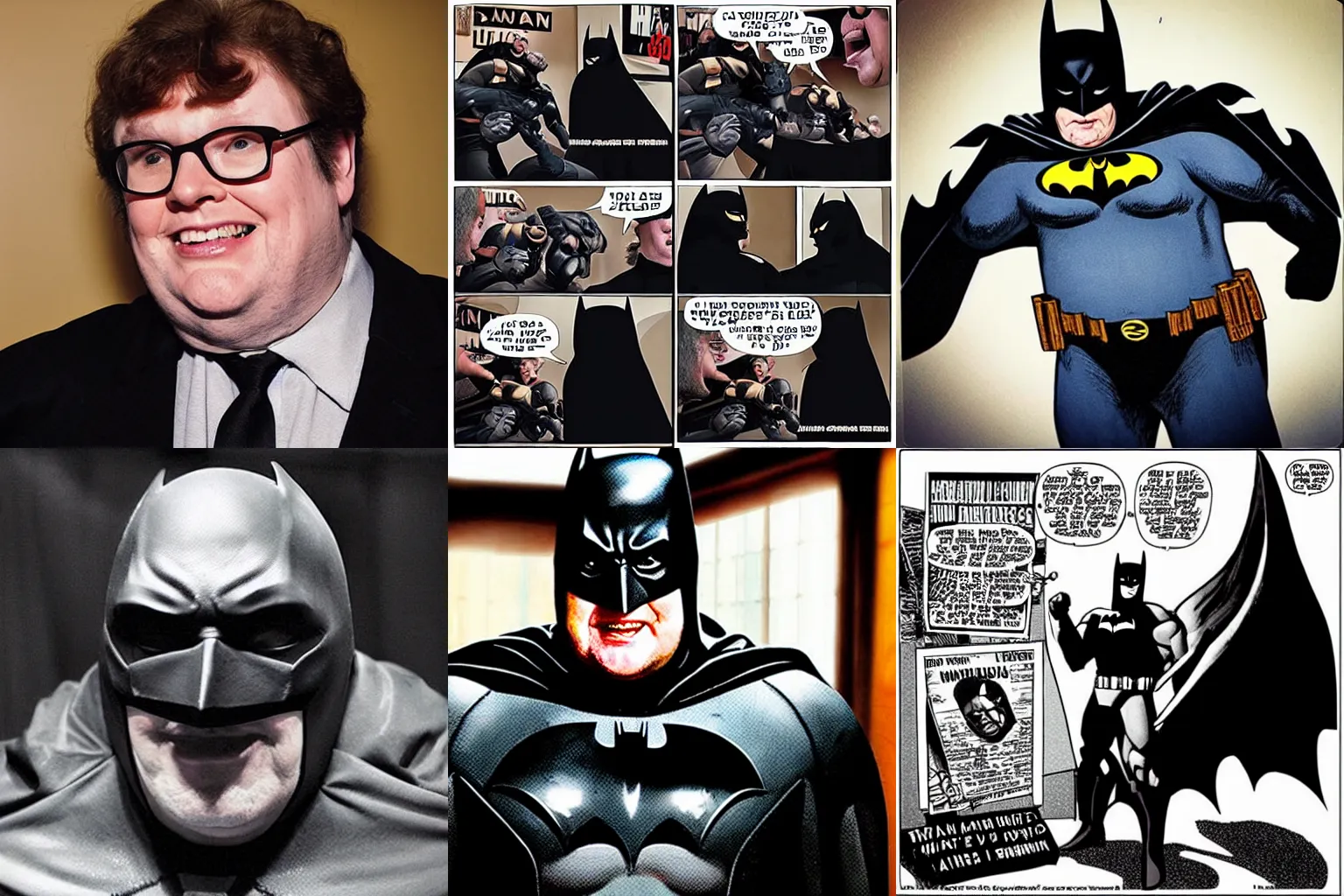 Prompt: “Batman being portrayed by Michael Moore”