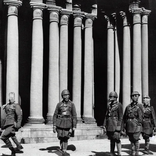 Prompt: a brutalist building with roman style ionized columns and german ww 2 soldiers standing in front