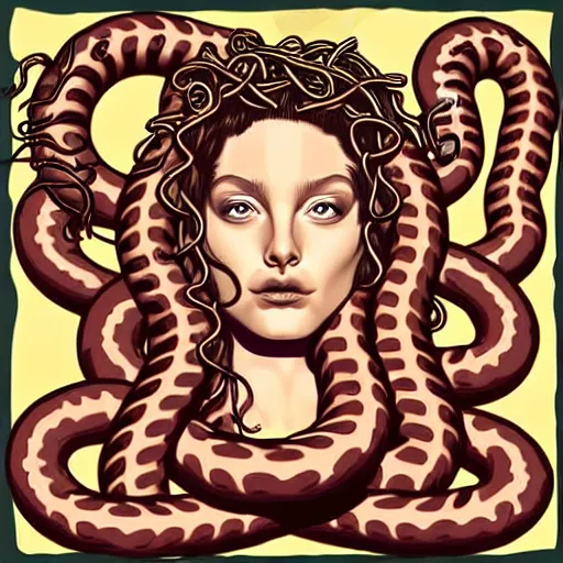 Prompt: medusa with sausages instead of snakes, sausage hair, photorealistic, illustration, intricate details, masterpiece