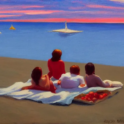 Prompt: a family sitting on a blanket at the beach watching the sun go down in the style of Edward hopper