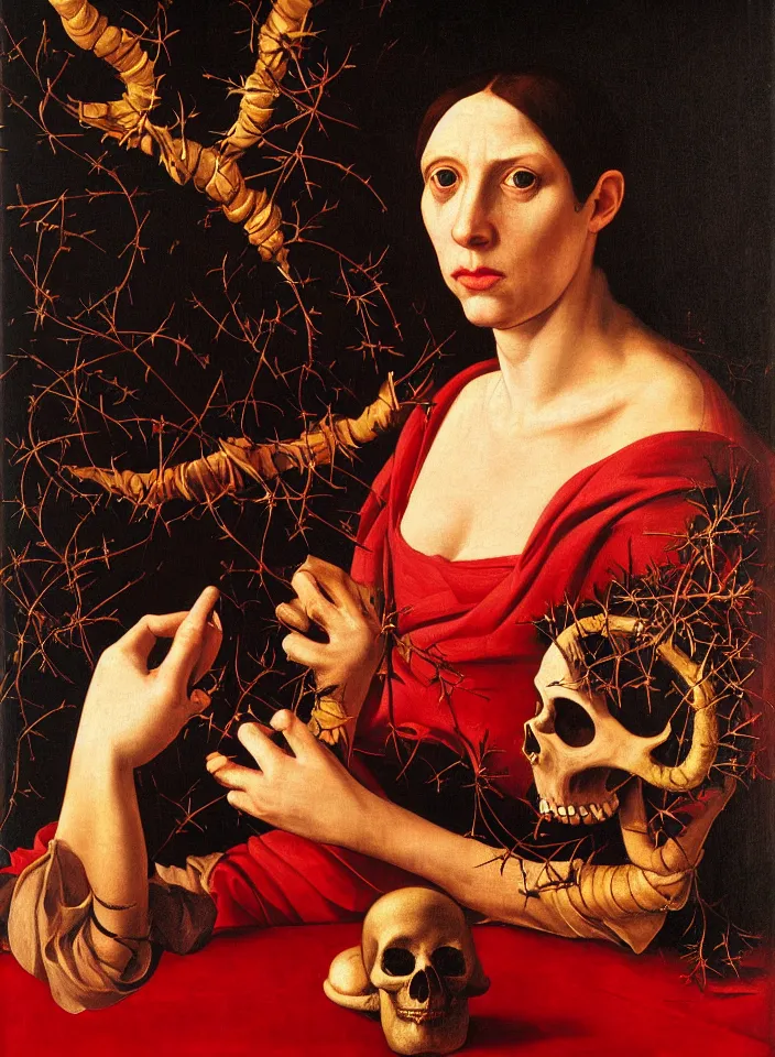 Prompt: portrait of a woman with a golden skull instead of a head, a wreath of thorns, a dress of bones and roses, horns, snakes, smoke, flames, full-length, oil painting in a renaissance style , very detailed, red background, painted by Caravaggio.