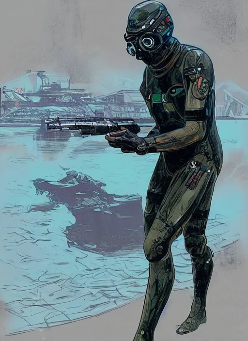 Image similar to Chidi. USN blackops operator emerging from water at the shoreline. Operator wearing Futuristic cyberpunk tactical wetsuit and looking at an abandoned shipyard. Frogtrooper. rb6s, MGS, and splinter cell Concept art by James Gurney, Alphonso Mucha. Vivid color scheme.