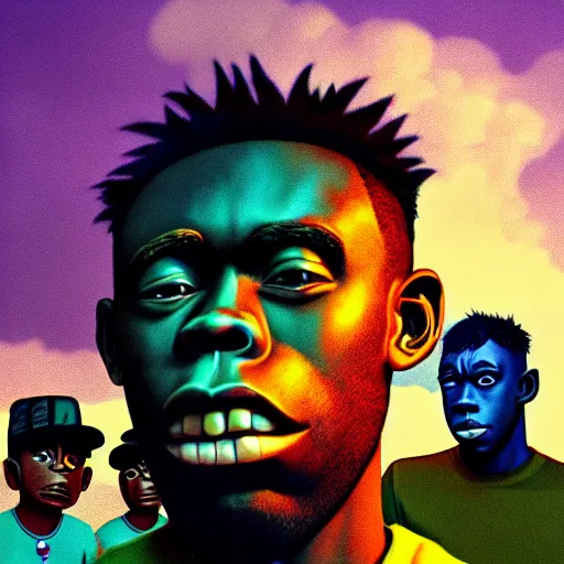 Prompt: gorillaz and tyler, the creator, 8 k concept art, golden hour, vintage, cloudy, dreamy, extremely detailed, by damon albarn, mixed media