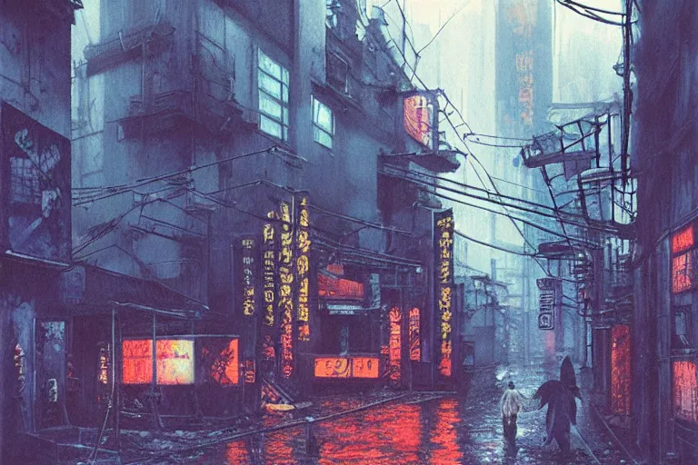 Prompt: a dystopian cyberpunk painting of a rain soaked back street in osaka at dusk, neon lights, dark figures walking, digital art, trending on artstation, horror, dark university aesthetic, by studio ghibli and greg rutkowski. zdzisław beksinski!!!!! spirited away. trending on artstation, hyperrealism, highly detailed, 4 k