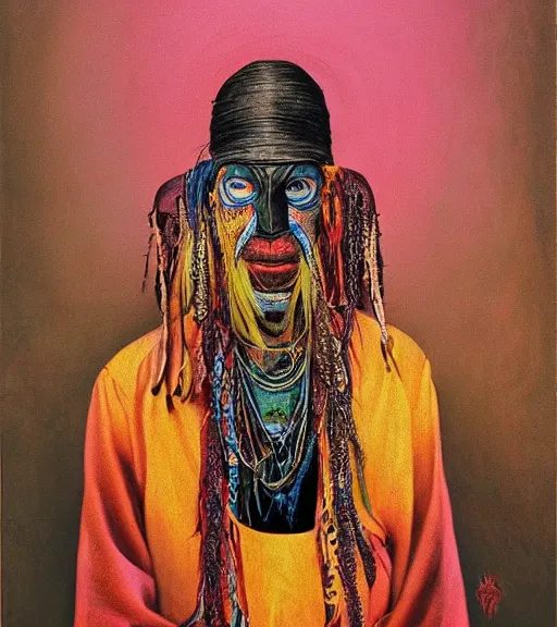 Image similar to Portrait painting in a style of Beksinski mixed with Alex Grey of an old shaman dressed in a colorful traditional clothes.