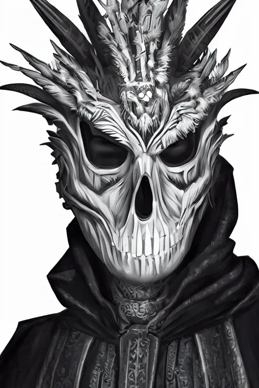 Prompt: hyper realistic digital art portrait of a villain wearing white bird skull mask, and high tech intricate armor and a black cloak.