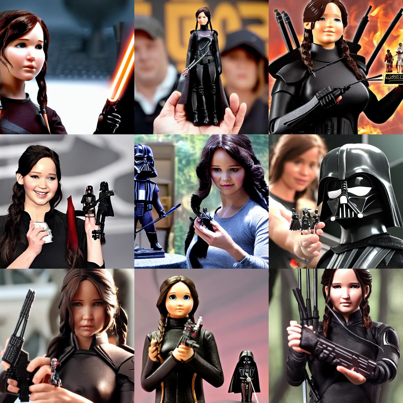 Prompt: Katniss Everdeen holding a miniature toy figure of Darth Vader