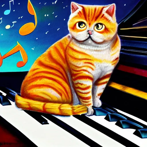 Prompt: colorful british shorthair cat sitting on piano keys with musical notes in the background detailed painting 4 k
