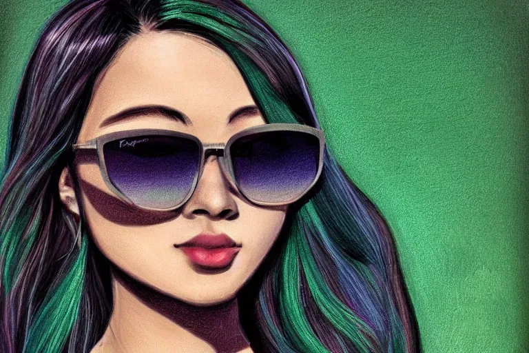 Prompt: 8k UHD, high detailed, Digital drawing, Randy Bishop art style : (subject = girl wearing Ray bans shades, photo realistic, high symmetry + subject detail= beautiful, Asian, green hair, high detailed)