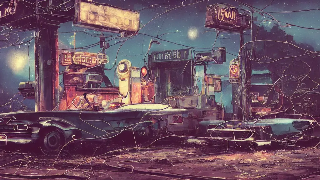 Image similar to A 1960s robot! on couch in front of a rusted! gas station. The stars! of the Milky Way shine above a broken neon sign, ground is cracked with vines fantasy concept art by Greg Rutkowski