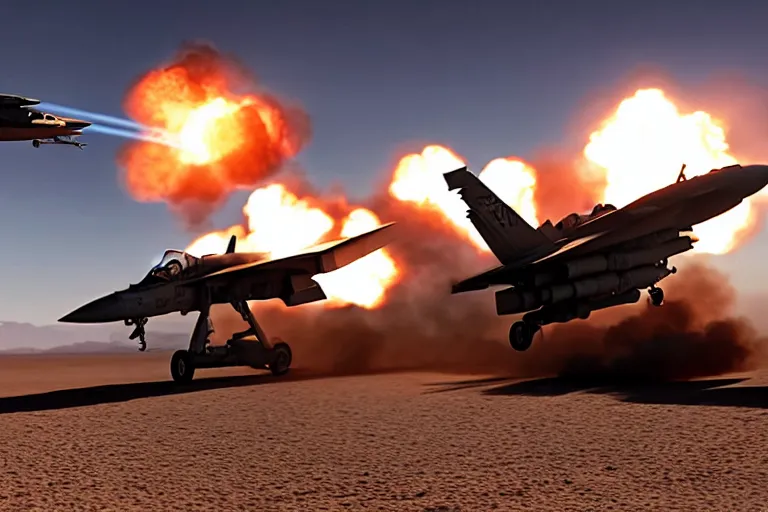 Image similar to a gritty hyperdetailed photorealistic f - 1 8 hornet ground attack aircraft shooting a missile at a small group of vehicles in the desert, volumemetric lighting, cinematic framing, cinematatic lighting, cinematic shadows, in the style of top gun maverick