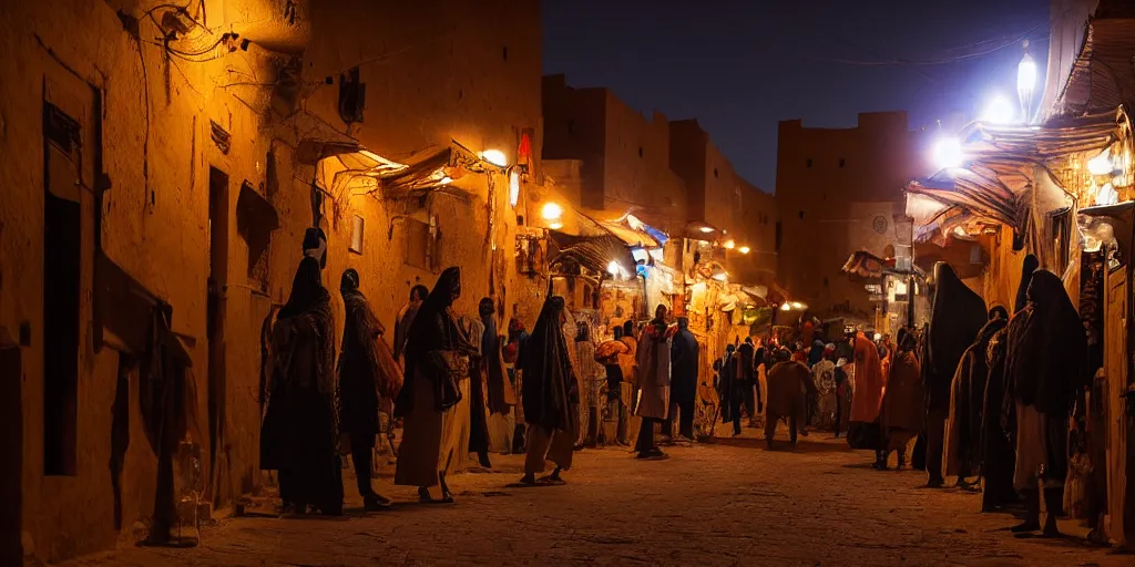 Image similar to el mowlid street rituals in medieval ghardaia, night lights, crowded, cinematic, volumetric light, moody