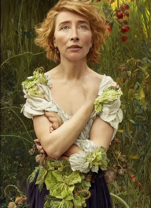 Image similar to emma thompson as an organic vegetable, diffuse lighting, fantasy, intricate, elegant, highly detailed, lifelike, photorealistic, digital painting, artstation, illustration, concept art, smooth, sharp focus, art by john collier and albert aublet and krenz cushart and artem demura and alphonse mucha